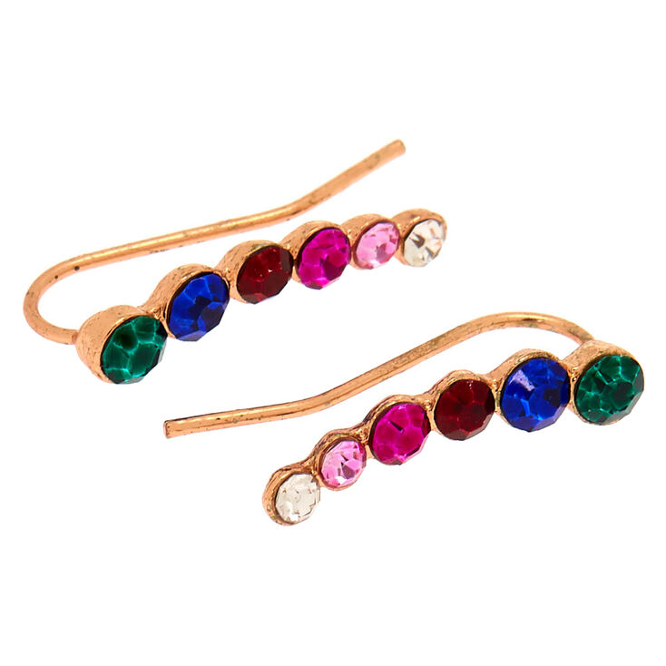 Rose Gold 1" Rainbow Graduated Crystal Ear Crawler Earrings,