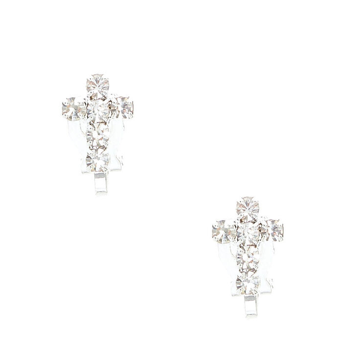 Silver Tone Faux Crystal Lined Cross Clip On Stud Earrings,