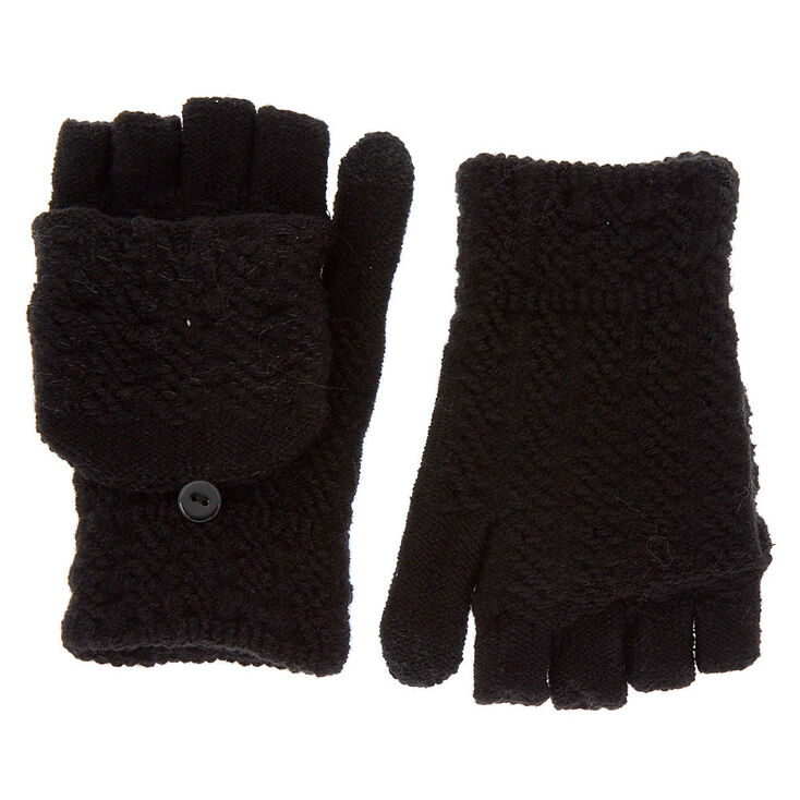 Touch Screen Fingerless Gloves with Mitten Flap - Black,