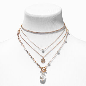 Gold Pearl Crystal Choker Necklace Set - 4 Pack,