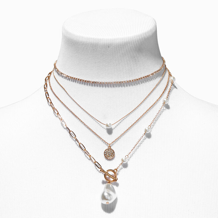 Gold Pearl Crystal Choker Necklace Set - 4 Pack,