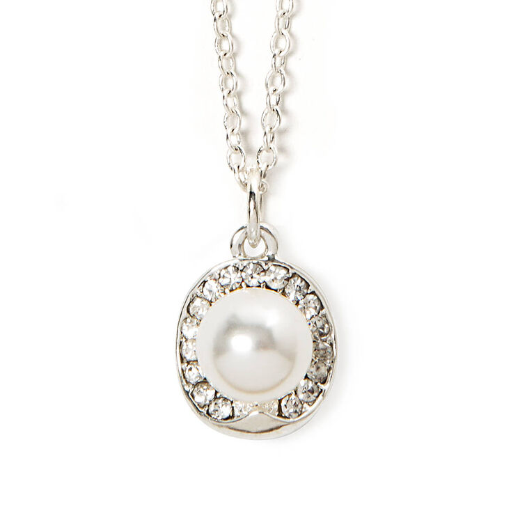 Rhinestone Oval & Pearl Solitaire Pendant Necklace,