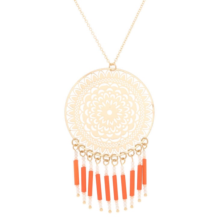 Gold Filigree Long Pendant Necklace - Coral,