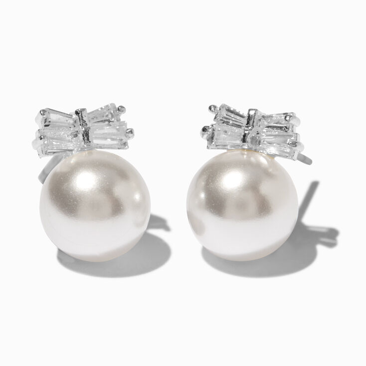 Silver-tone Cubic Zirconia Bow Pearl Stud Earrings,