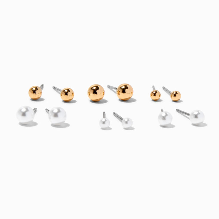 Gold Graduated Ball &amp; Pearl Earrings Set - 6 Pack,