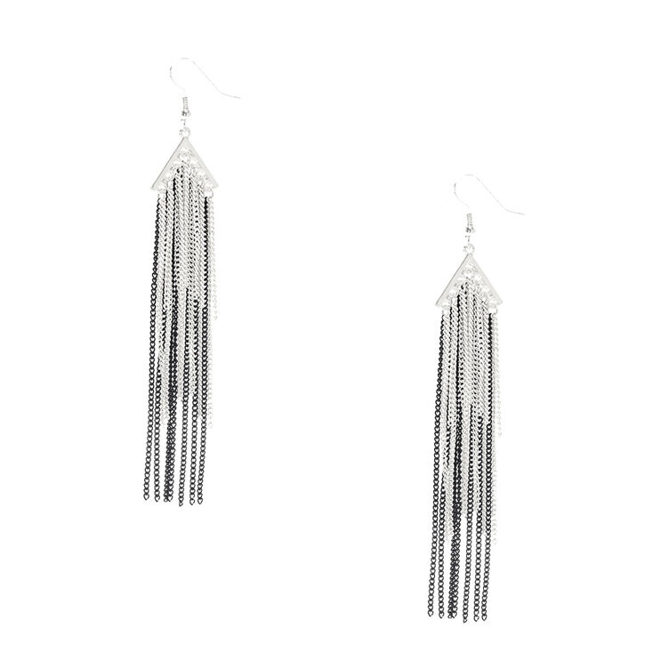Black White & Silver Chain Tassel Earrings,