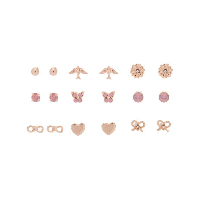 Rose Gold Charm Stud Earrings - 9 Pack,