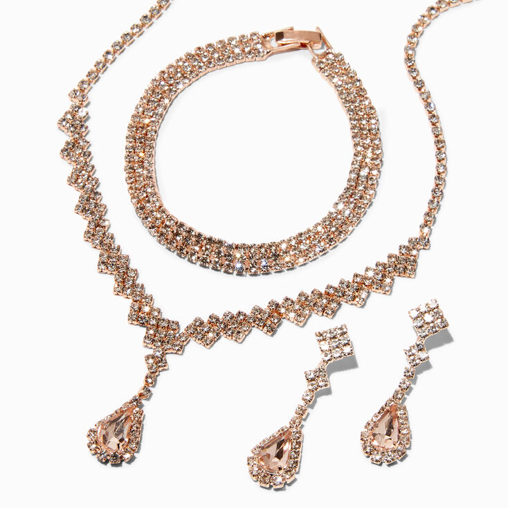 Rose Gold Cubic Zirconia Teardrop Jewelry Set - 3 Pack,