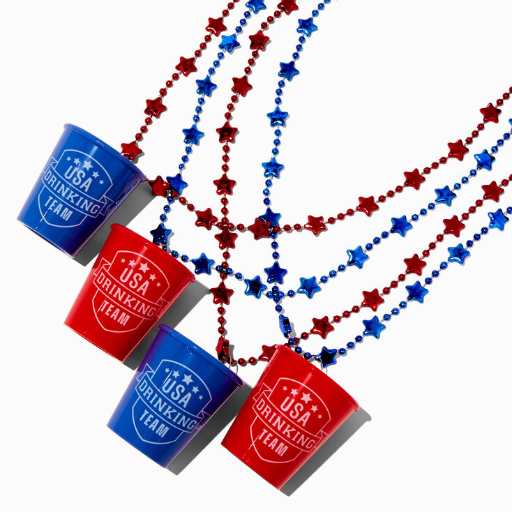 &quot;USA Drinking Team&quot; Red, White &amp; Blue Beaded Shot Glass Necklaces - 4 Pack,
