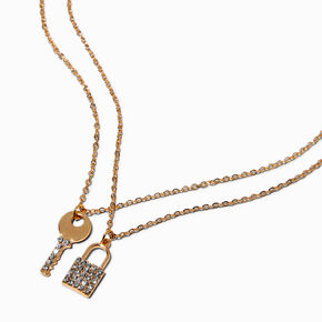Pav&eacute; Lock &amp; Key Gold-tone Pendant Necklaces - 2 Pack,