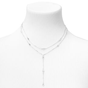 Silver Round Crystal Y-Neck Multi Strand Necklace,