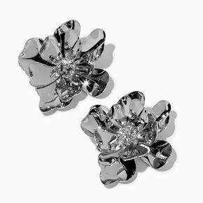 Silver-tone Crystal Dimensional Flower Stud Earrings,