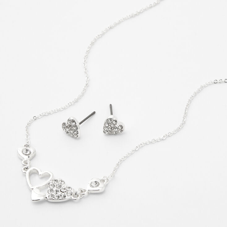 Silver Rhinestone Heart Clusters Necklace &amp; Earring Set - 2 Pack,