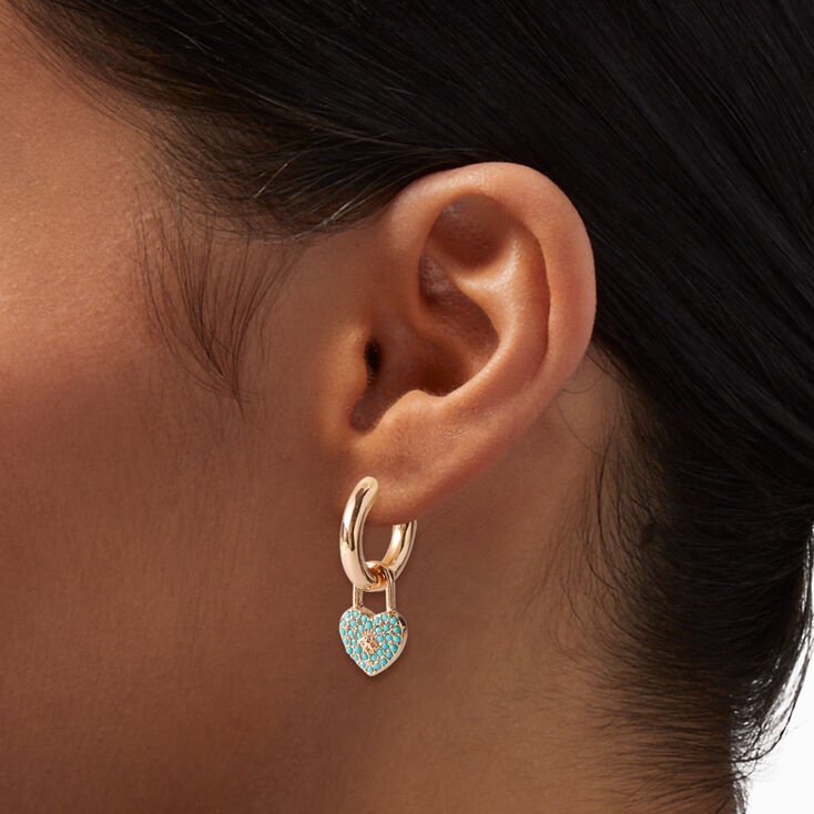 Turquoise Heart Lock Gold-tone Clicker Hoop Earrings,