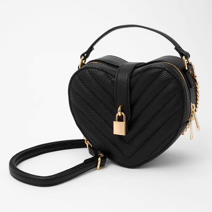 Chevron Quilted Heart Crossbody Bag - Black