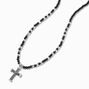 Black Beaded Silver Chevron Cross Pendant Necklace,