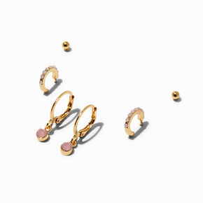 Gold-tone Pink Stone Earring Stackables Set - 3 Pack,