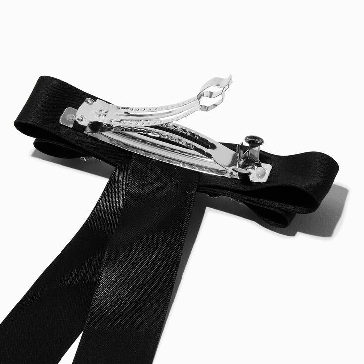Black Rhinestone Studded Satin Long Tail Hair Bow Clip,