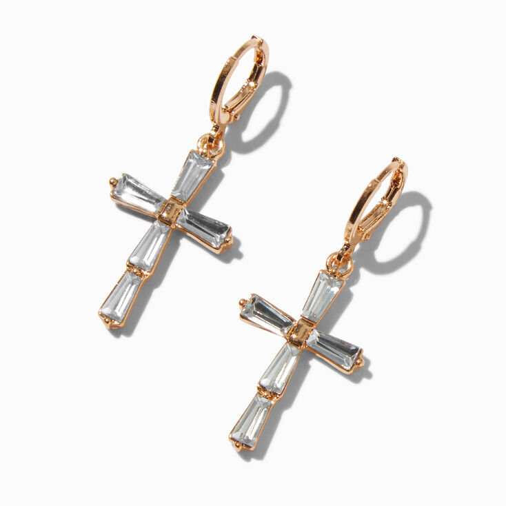 Gold-tone Crystal Baguette Cross Clicker Hoop Earrings,