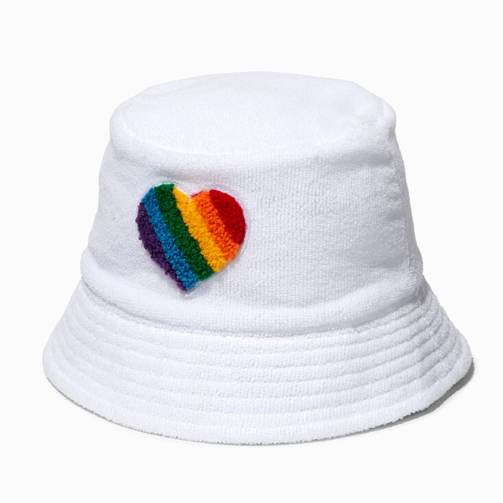Rainbow Stripe Heart White Terry Bucket Hat,