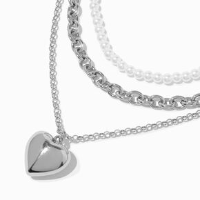 Silver-tone Puff Heart &amp; Pearl Multi-Strand Necklace,