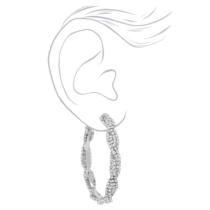 Silver Twisted Rhinestone Braid 50MM Hoop Earrings,