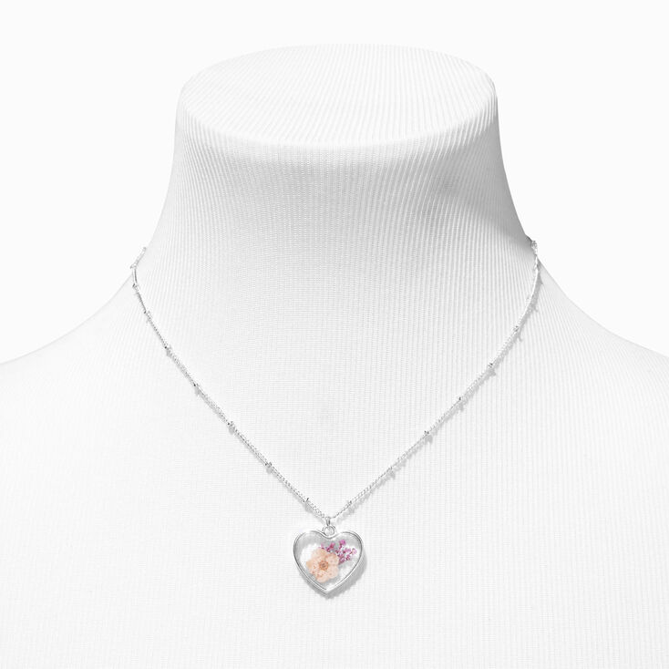 Silver Pressed Flower Heart Pendant Necklace,