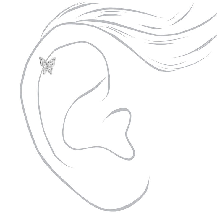 Silver Butterfly, Flower, &amp; Bee Cartilage Stud Earrings - 3 Pack,