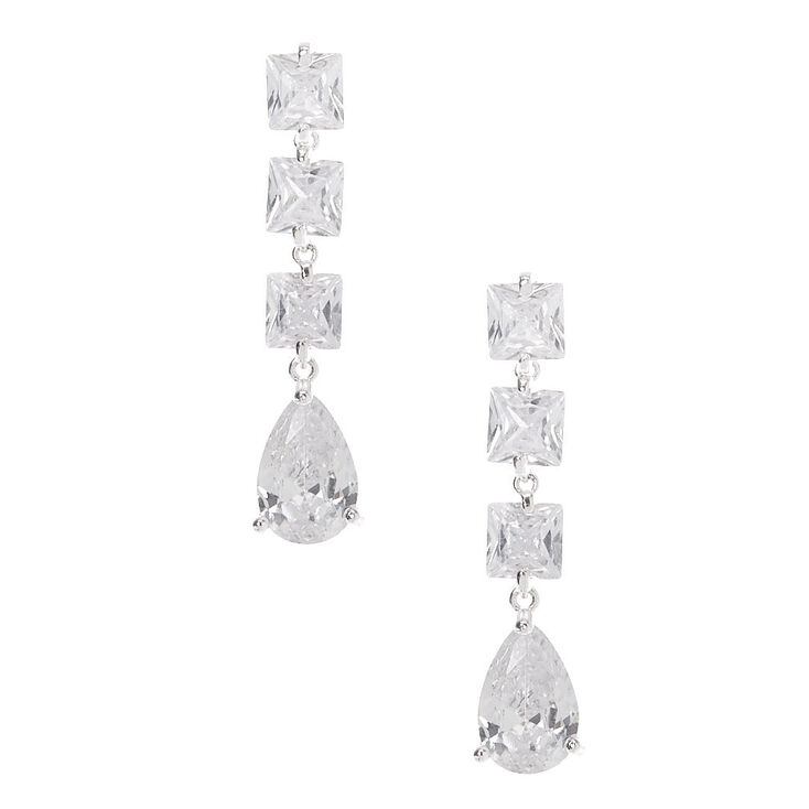 Silver Cubic Zirconia 1.5" Double Diamond Drop Earrings,
