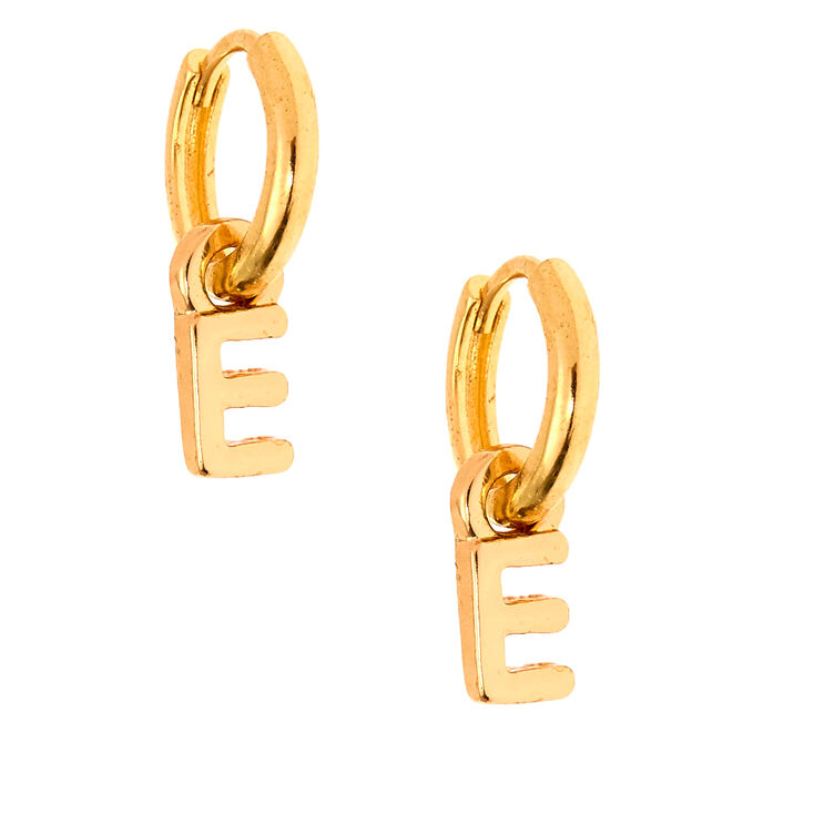 Gold 10MM Initial Huggie Hoop Earrings - E,