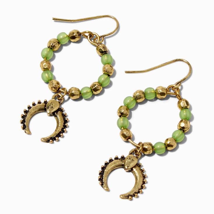 Jade Green Beaded Gold Hoop 1.5&quot; Drop Earrings,