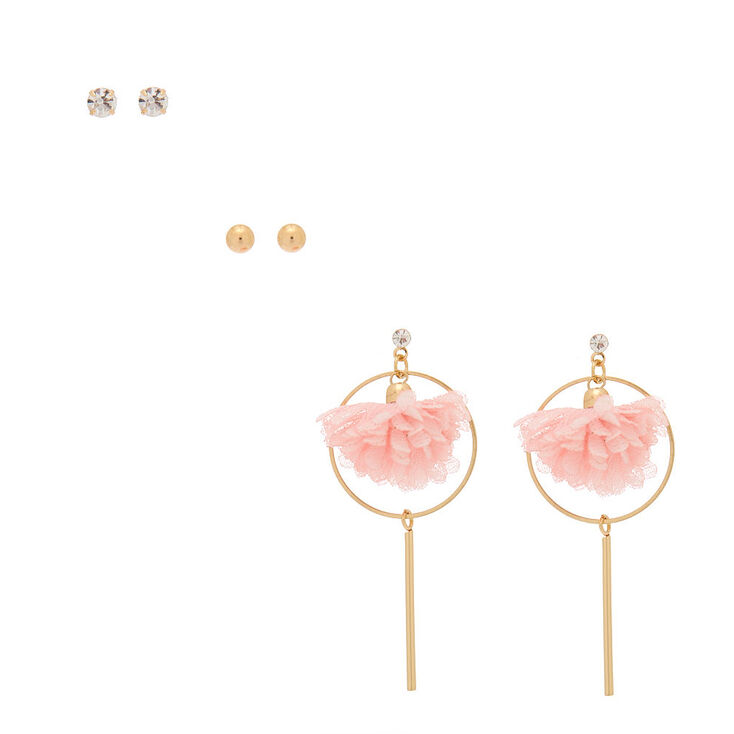 Gold Flower Mixed Earrings - Pink, 3 Pack,