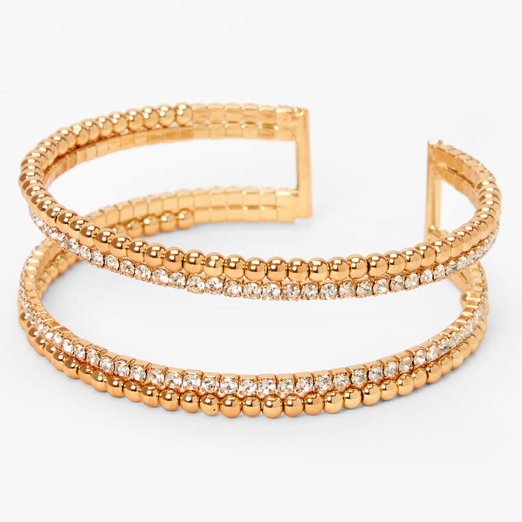 Gold Beaded Rhinestone Open Cuff Bracelet,