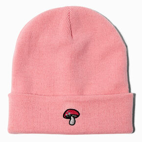 Embroidered Mushroom Pink Beanie Hat,