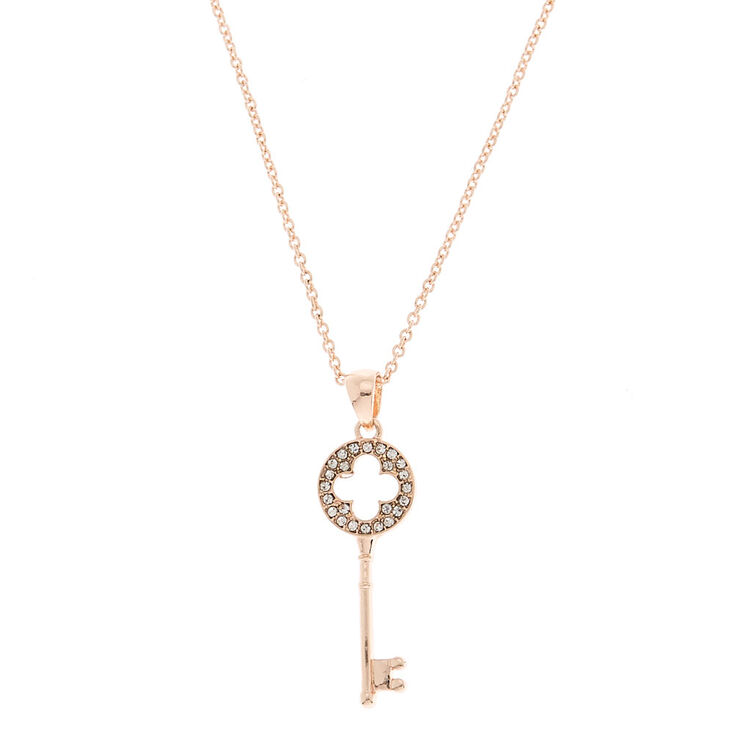 Rose Gold Rhinestone Key Pendant Necklace,