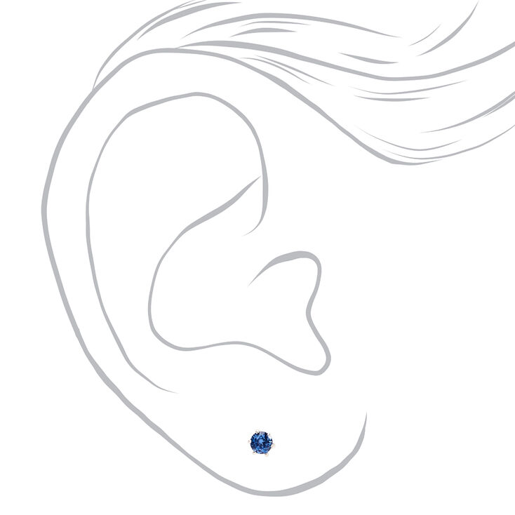 Silver Cubic Zirconia Round Stud Earrings - Blue, 3MM,
