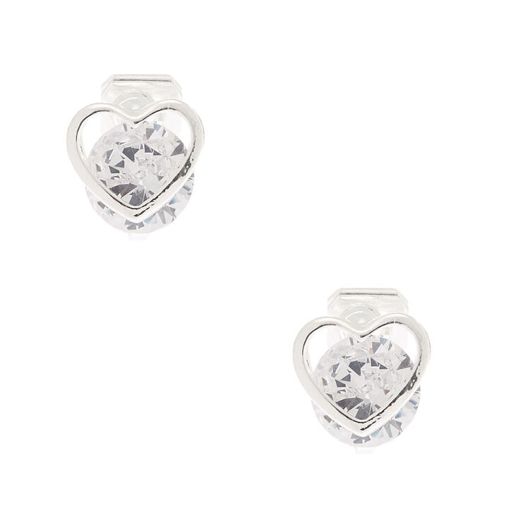 Silver Cubic Zirconia 8MM Heart Clip On Stud Earrings,