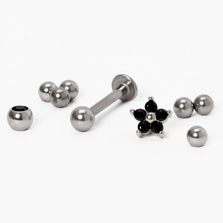 Silver 16G Black Daisy Tri Ball Labret Studs - 5 Pack,