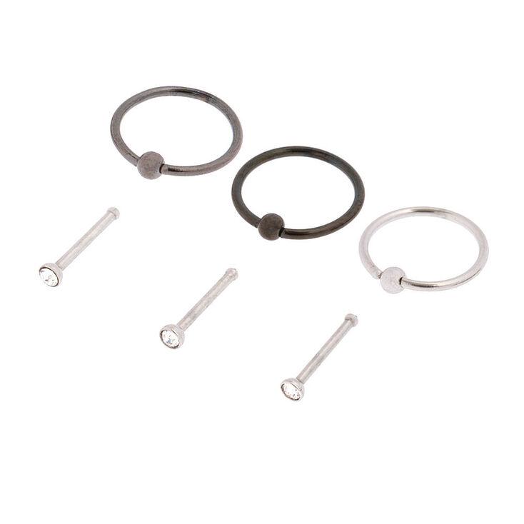 20G Crystal & Mixed Metal Nose Stud & Hoop Earrings - 6 Pack,