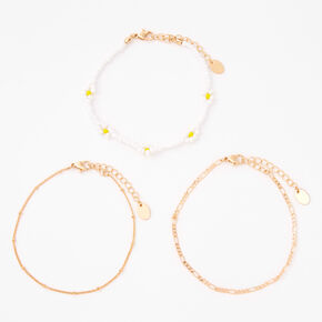 Gold Beaded Daisy Chain Anklets - 3 Pack,