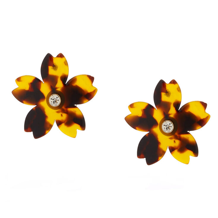 Tortoiseshell Flower Stud Earrings - Brown,