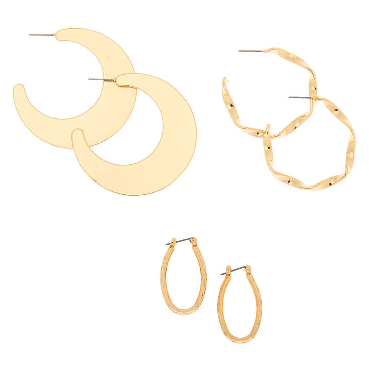 Gold Graduated Mixed Textured Hoop Earrings - 3 Pack,