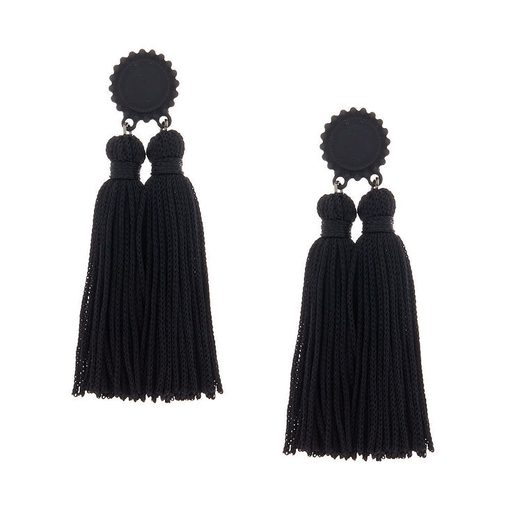 Double Tassel 3" Drop Earrings - Black,