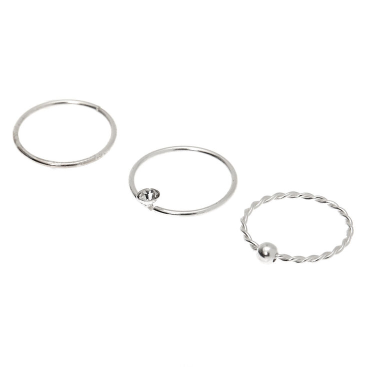 Sterling Silver 22G Crystal Twist Hoop Nose Rings - 3 Pack,