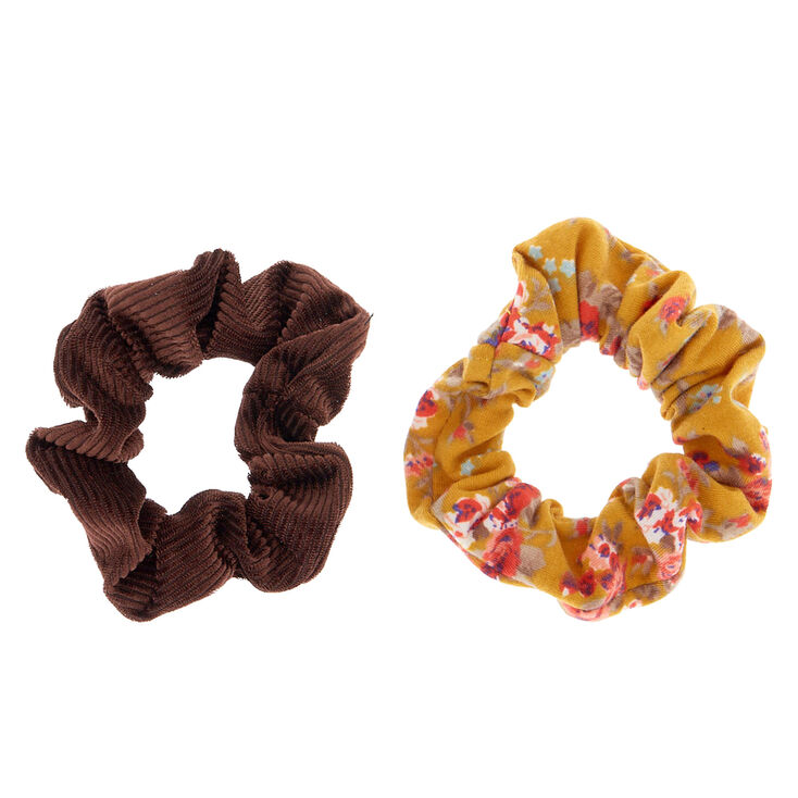 Small Floral Velvet Hair Scrunchies - Mustard, 2 Pack,