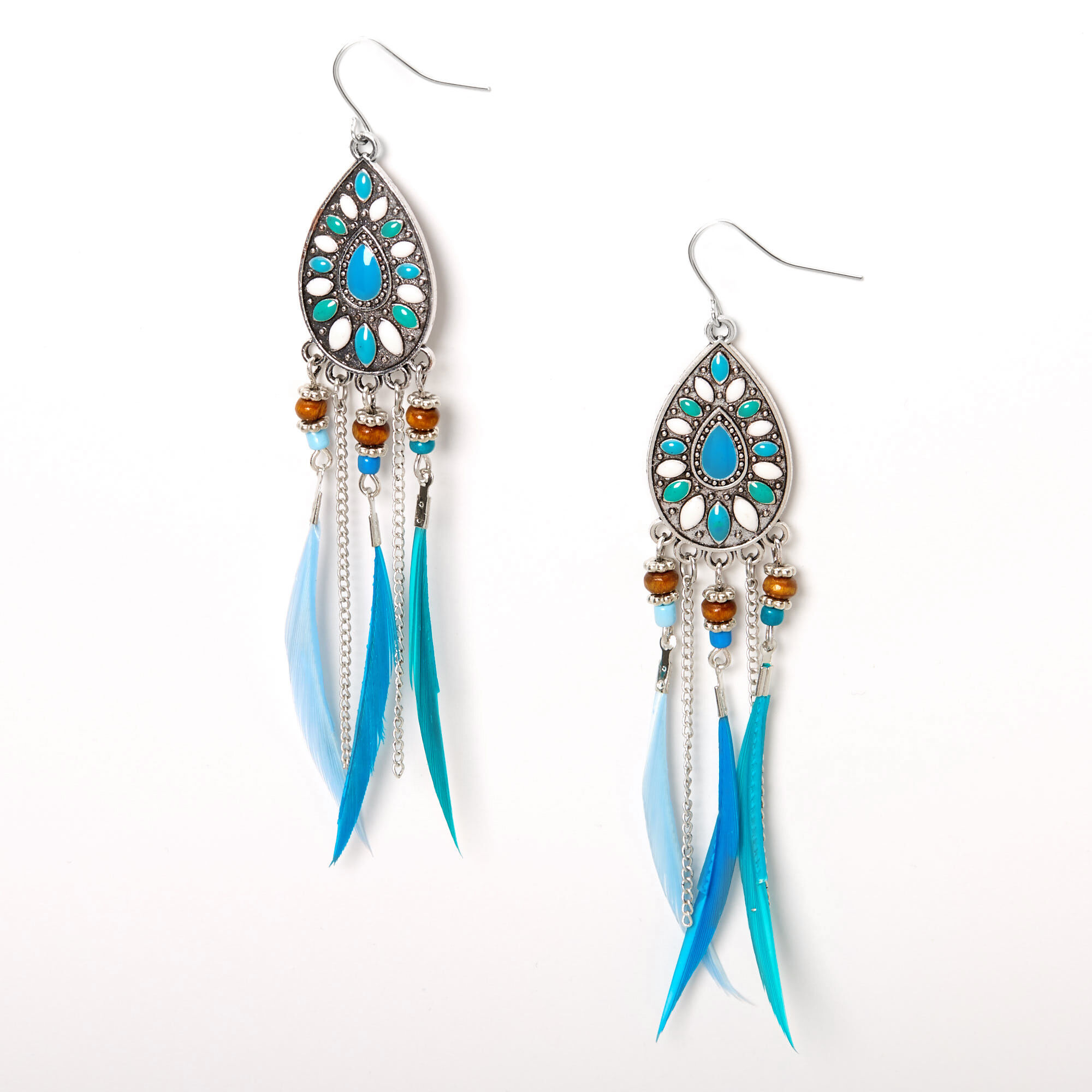 Blue Boho Silver Crystal Beaded Statement Dangle Earrings