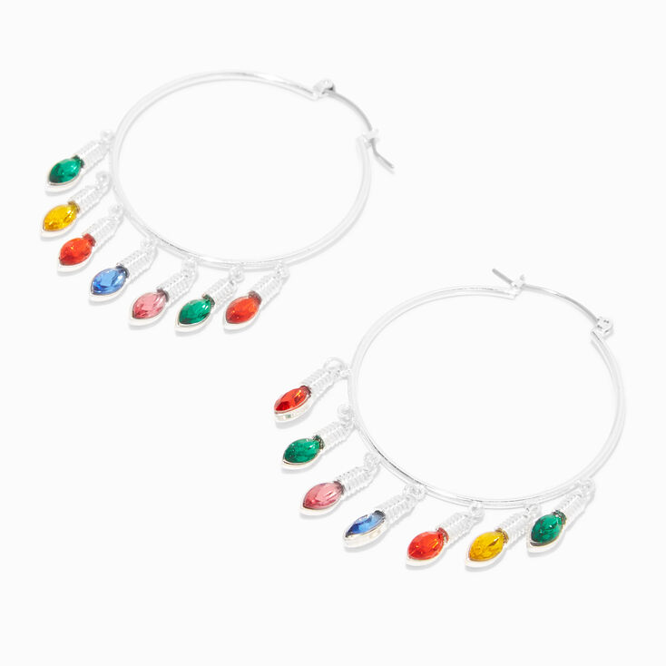 Gemstone Christmas Lights 50MM Silver-tone Hoop Earrings,