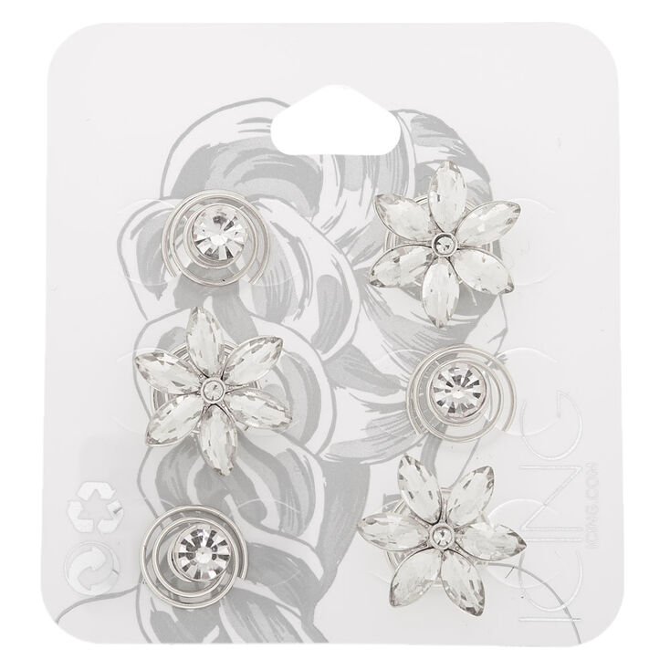 Silver Rhinestone Floral Hair Spinners - 6 Pack,