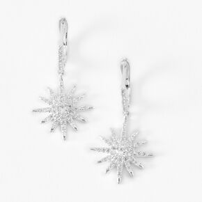 Silver 1&quot; Cubic Zirconia Starburst Drop Earrings,