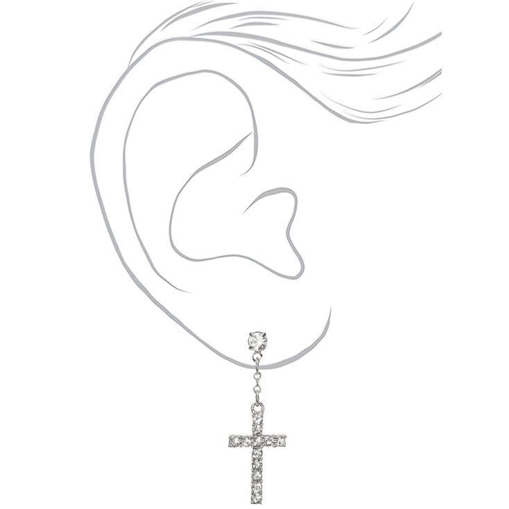 Silver 1&quot; Embellished Cross Drop Earrings,